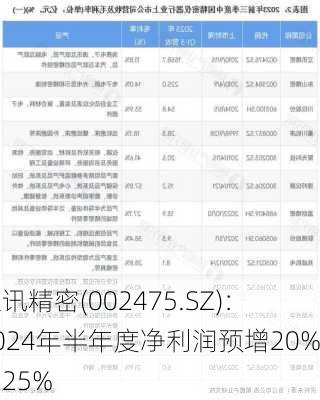 立讯精密(002475.SZ)：2024年半年度净利润预增20%到25%