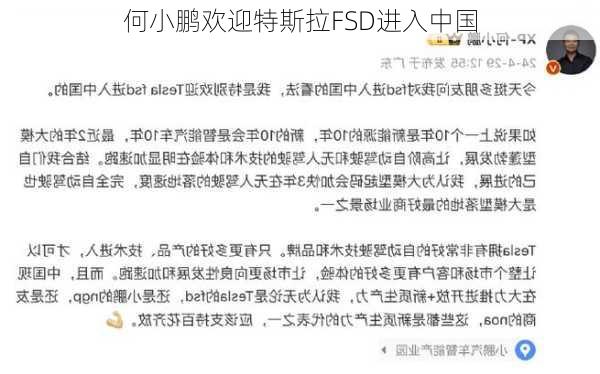 何小鹏欢迎特斯拉FSD进入中国