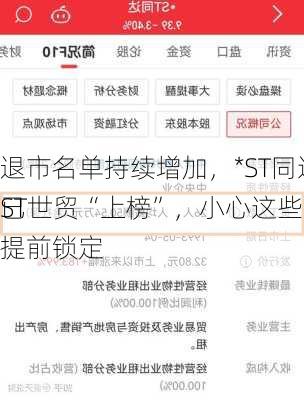 退市名单持续增加，*ST同达、ST世贸“上榜”，小心这些
已提前锁定