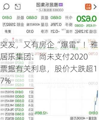 突发，又有房企“爆雷”！雅居乐集团：尚未支付2020票据有关利息，股价大跌超17%