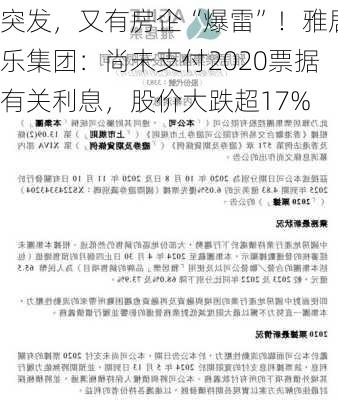 突发，又有房企“爆雷”！雅居乐集团：尚未支付2020票据有关利息，股价大跌超17%