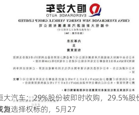 恒大汽车：29%股份被即时收购，29.5%股份成为选择权标的，5月27
恢复
