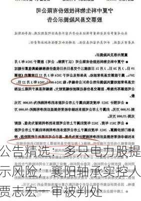 公告精选：多只电力股提示风险；襄阳轴承实控人贾志宏一审被判处
