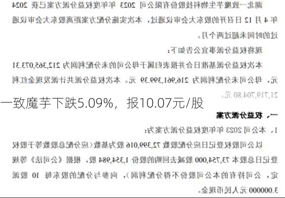 一致魔芋下跌5.09%，报10.07元/股