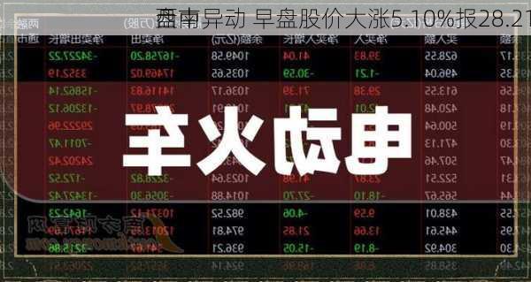 西南
盘中异动 早盘股价大涨5.10%报28.21
