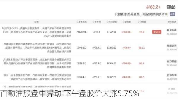 百勤油服盘中异动 下午盘股价大涨5.75%