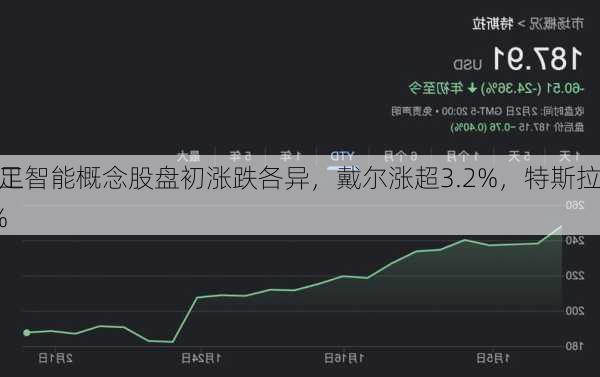 
人工智能概念股盘初涨跌各异，戴尔涨超3.2%，特斯拉
不足1%