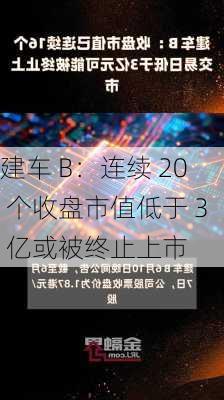 建车 B：连续 20 个收盘市值低于 3 亿或被终止上市