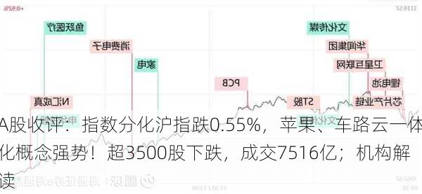 A股收评：指数分化沪指跌0.55%，苹果、车路云一体化概念强势！超3500股下跌，成交7516亿；机构解读