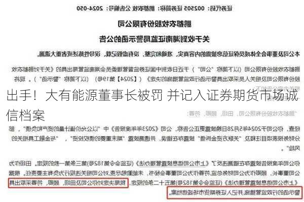 
出手！大有能源董事长被罚 并记入证券期货市场诚信档案