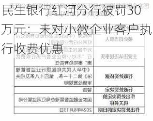 民生银行红河分行被罚30万元：未对小微企业客户执行收费优惠