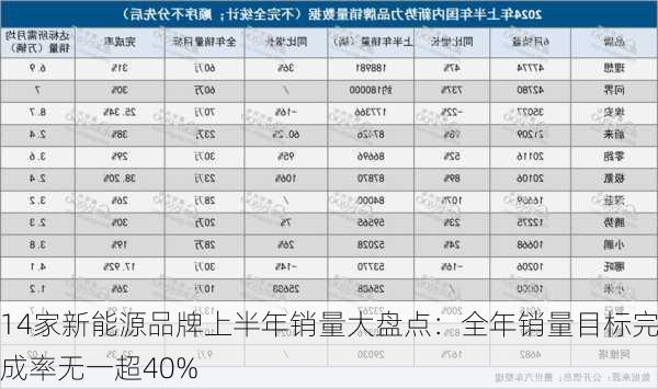 14家新能源品牌上半年销量大盘点：全年销量目标完成率无一超40%