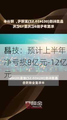 晶
科技：预计上半年净亏损8亿元-12亿元