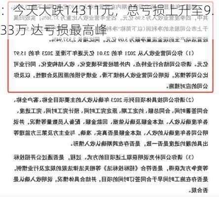 
：今天大跌14311元，总亏损上升至9.33万 达亏损最高峰