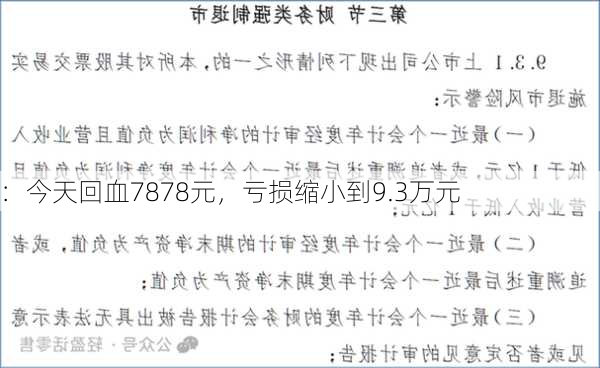 
：今天回血7878元，亏损缩小到9.3万元