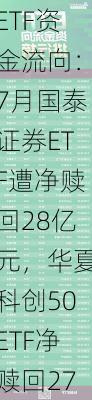 ETF资金流向：7月国泰证券ETF遭净赎回28亿元，华夏科创50ETF净赎回27亿，华宝券商ETF净赎回15亿（附图）