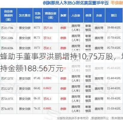 蜂助手董事罗洪鹏增持10.75万股，增持金额188.56万元