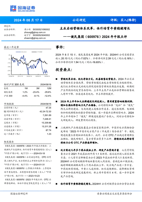 国海证券给予健民集团买入评级：主业启动营销体系
，体外培育牛黄稳健增长