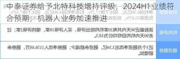 中泰证券给予北特科技增持评级，2024H1业绩符合预期，机器人业务加速推进