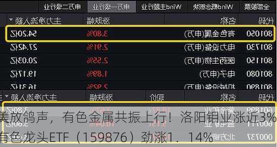 美
大放鸽声，有色金属共振上行！洛阳钼业涨近3%，有色龙头ETF（159876）劲涨1．14%