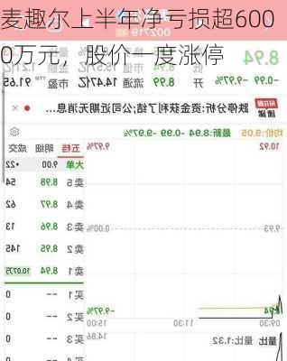 麦趣尔上半年净亏损超6000万元，股价一度涨停