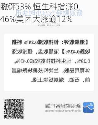 收评：
涨0.53% 恒生科指涨0.46%美团大涨逾12%