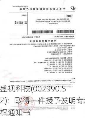 盛视科技(002990.SZ)：取得一件授予发明专利权通知书