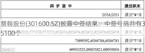 慧翰股份(301600.SZ)披露中签结果：中签号码共有35100个